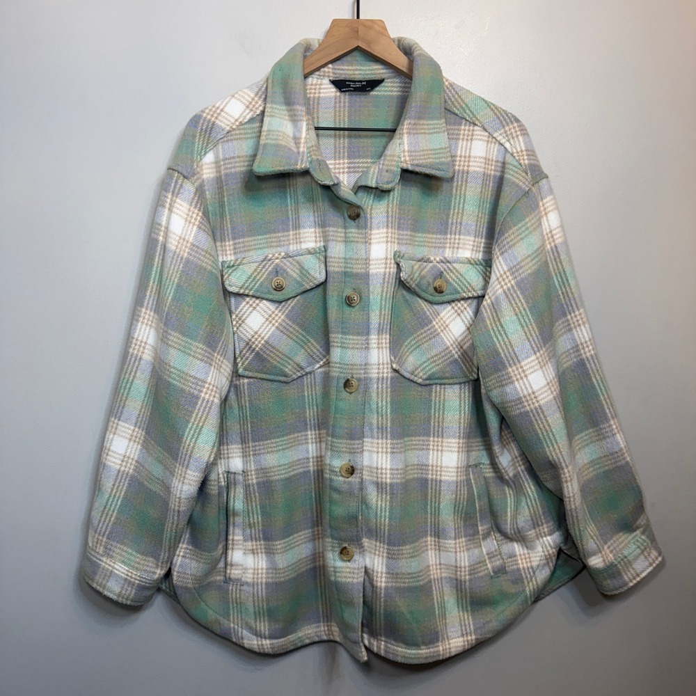 Members Mark Women's Plaid Shacket Sage Green Fleece Button Front Size XXXL